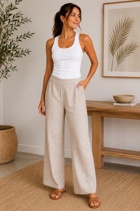 Rachel Zoe Pants - Rachel Zoe 100% Linen Wide Leg Crop Pants Beige Pull On Medium